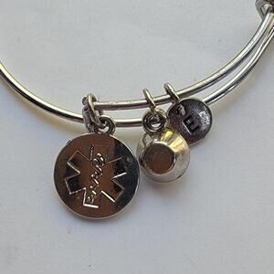 Medical Alert Bangle Bracelet Silver Blue Birthstone Charm Initial E Jewelry